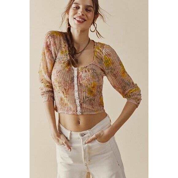 Free People Angelina Light Combo Pink Floral Sheer Lace Snap Top SZ M - Picture 3 of 14